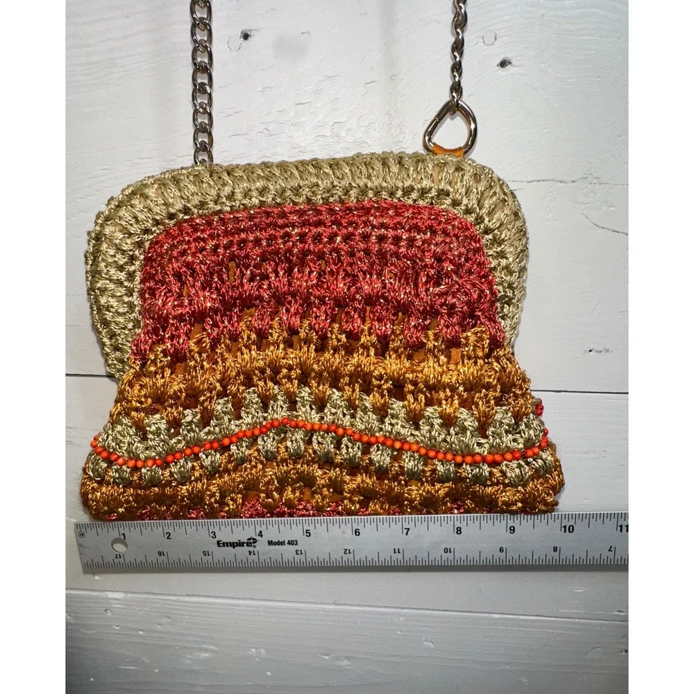Free People Metallic Crochet Beaded Crossbody Bag Gold Orange Boho Mini Bag